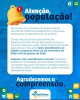 Prefeitura de União de Minas anuncia suspensão temporária de atendimento em alguns setores a partir de decreto municipal.